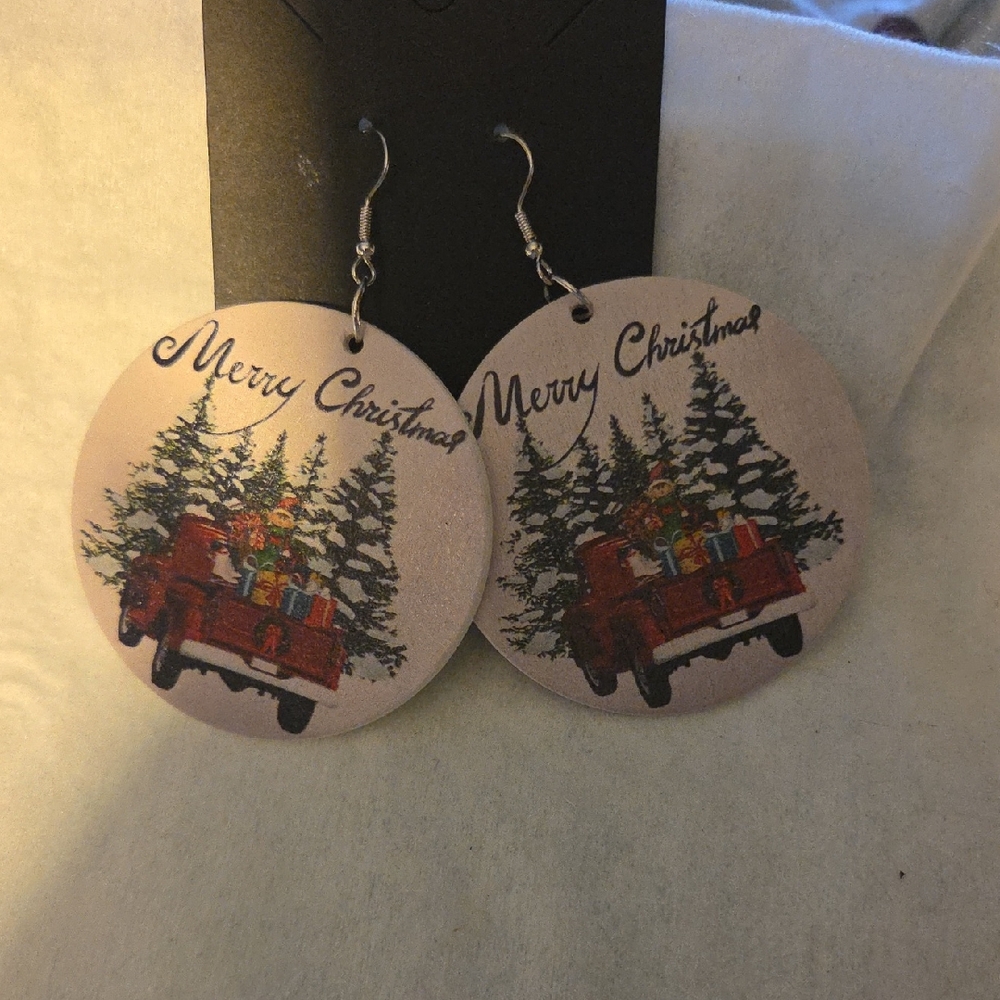 Merry Christmas Earrings with Red Truck Design